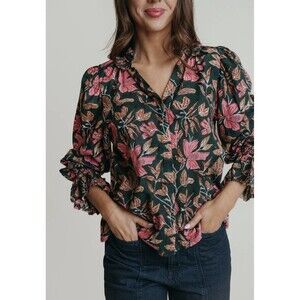 Laroque Annie Button Down Blouse Green Floral Size Small EUC